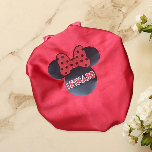 Product: Red Minnie Mouse Satin Kids Personalised Bonnet