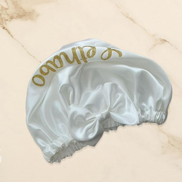 Product: White Gold Glitter Name Satin Kids Personalised Bonnet