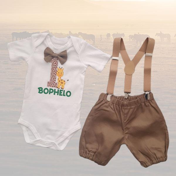 Product: Wild one safari giraffe personalised onesie or t-shirt with brown short and suspenders 