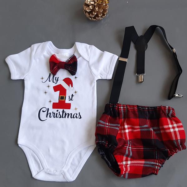 Product: My first christmas with red and black scotch bloomer and suspenders