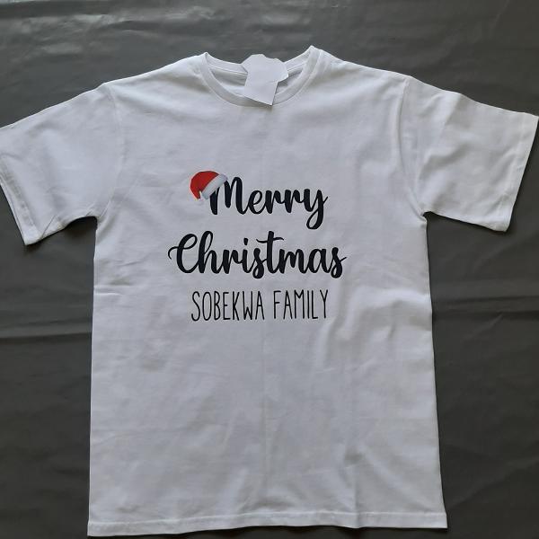 Product: Merry Christmas with a family name personalised christmas tshirt