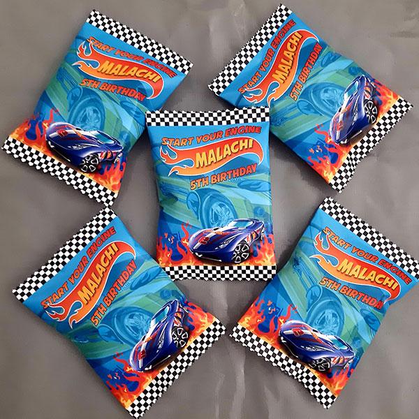 Hot wheels birthday personalised party pack chip bag filled