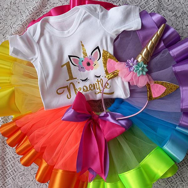 Product: Unicorn rainbow ribbon tutu with personalised t-shirt with glitter text for her