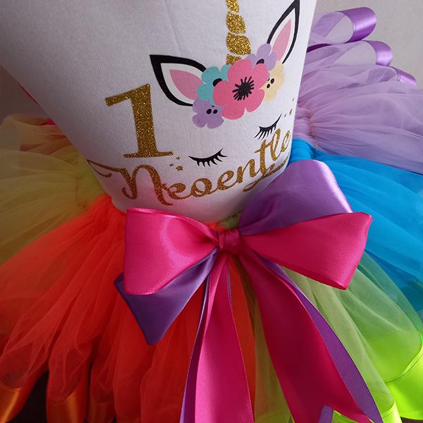 Product: Unicorn rainbow ribbon tutu with personalised t-shirt with glitter text for her