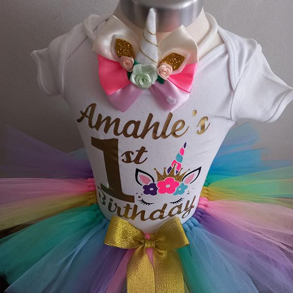 Product: Pastel unicorn tutu with a personalised onesie with a custom hairband