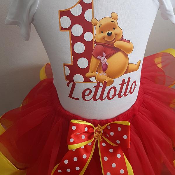 Product: Winnie the pooh red and yellow ribbon tutu with personalised t-shirt