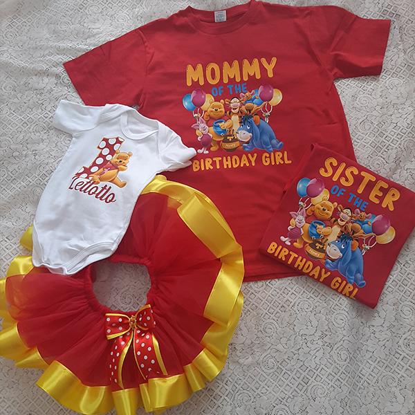 Product: Winnie the pooh red and yellow ribbon tutu with personalised t-shirt