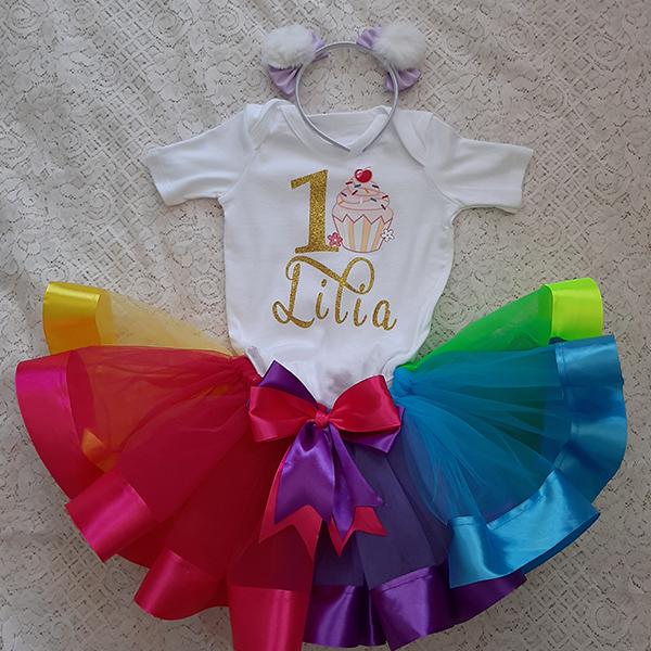 Product: Cupcake Rainbow ribbon tutu with a personalised rainbow onesie 