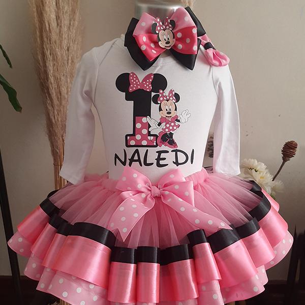 Product: Pink and black minnie mouse ribbon tutu with personalised t-shirts and headband