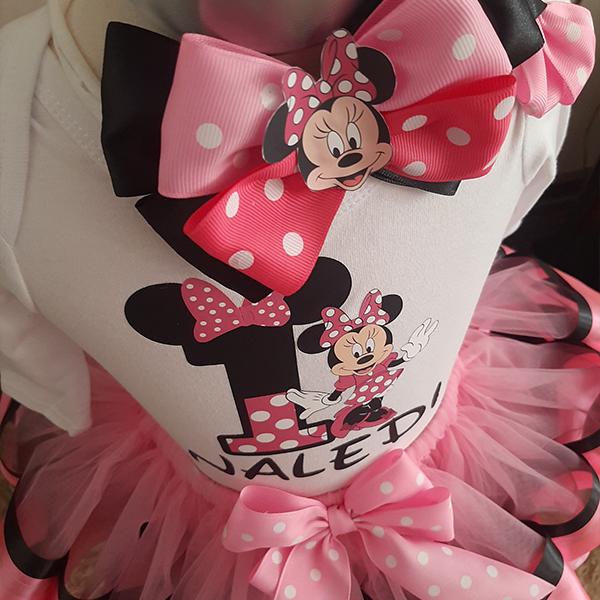 Product: Pink and black minnie mouse ribbon tutu with personalised t-shirts and headband