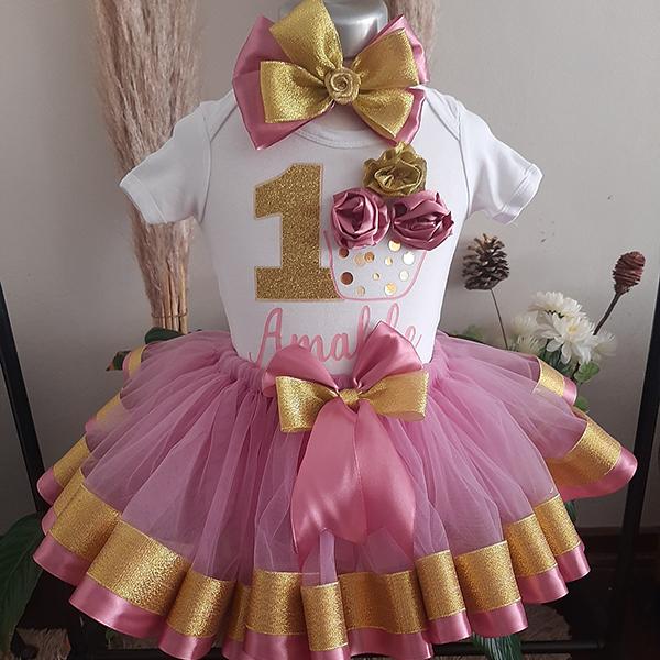 Product: Rosey purple and gold ribbon tutu with personalised onesie with a matching headband