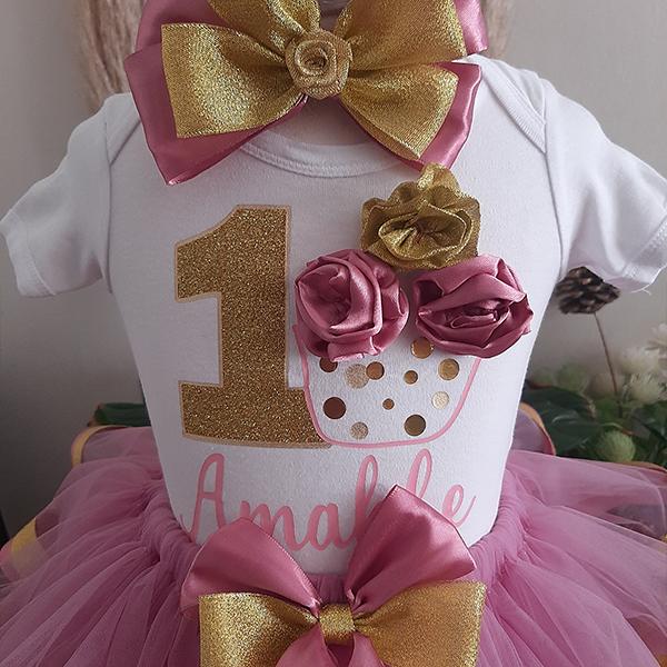 Product: Rosey purple and gold ribbon tutu with personalised onesie with a matching headband