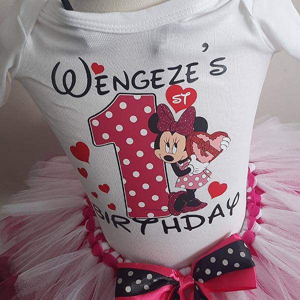 Product: Pink and white hearty minnie mouse tutu set with personalised t-shirt