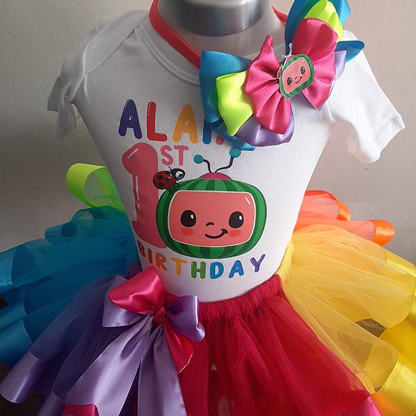 Product: Cocomelon rainbow ribbon tutu with a  personalised  t-shirt