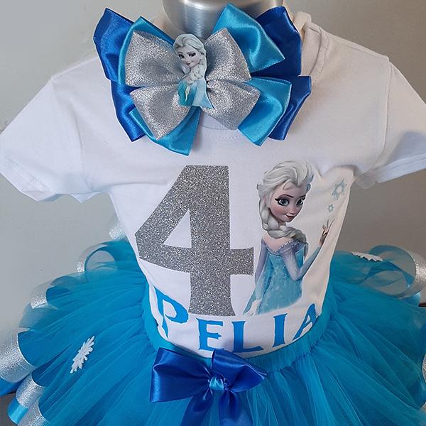 Product: Frozen blue and silver ribbon tutu outfit with personalised Elsa tshirt