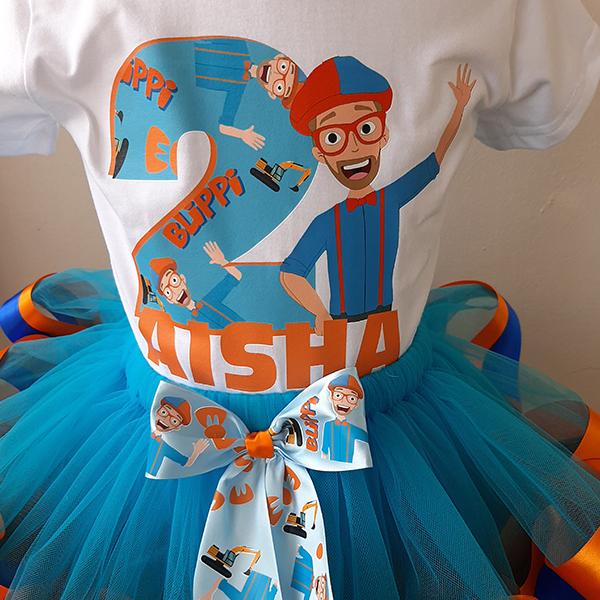 Product: Blippi blue and orange ribbon tutu with a personalised t-shirt and headband