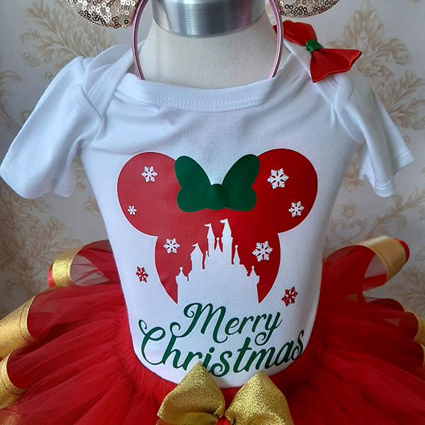 Product: Red and gold merry christmas ribbon dress with a minnie mouse top