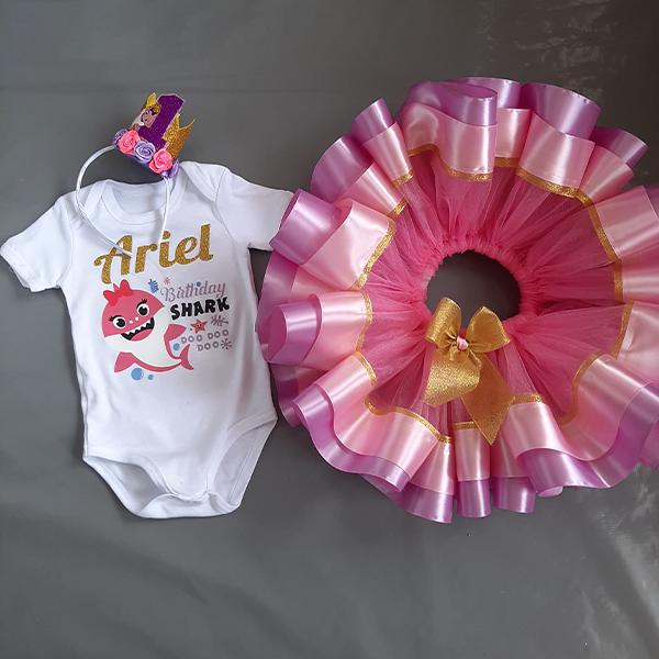 Product: Baby shark with a touch of gold ribbon tutu with personalised tshirt and headband