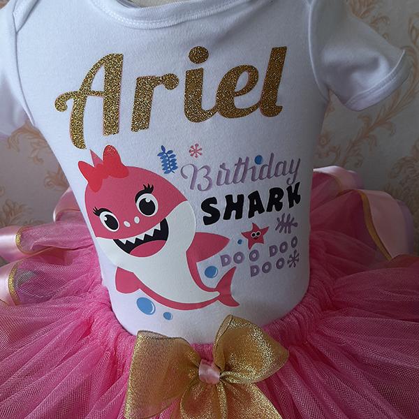 Product: Baby shark with a touch of gold ribbon tutu with personalised tshirt and headband