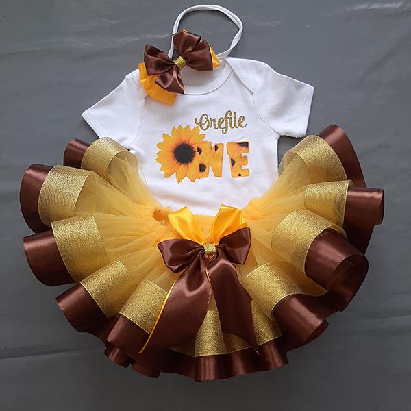 Product: Sunflower beautiful ribbon tutu with a personalised tshirt and headband