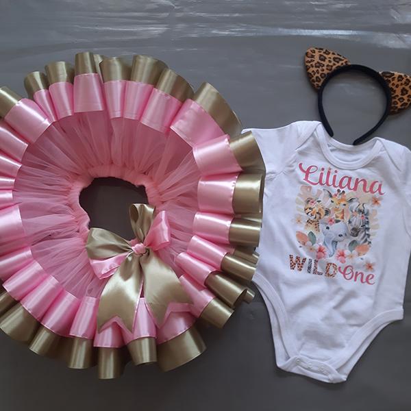 Product: Wild one pink and green ribbon tutu with a personalised onesie