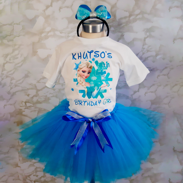 Blue frozen tutu outfit with personalised Elsa tshirt for her Kaymos Range