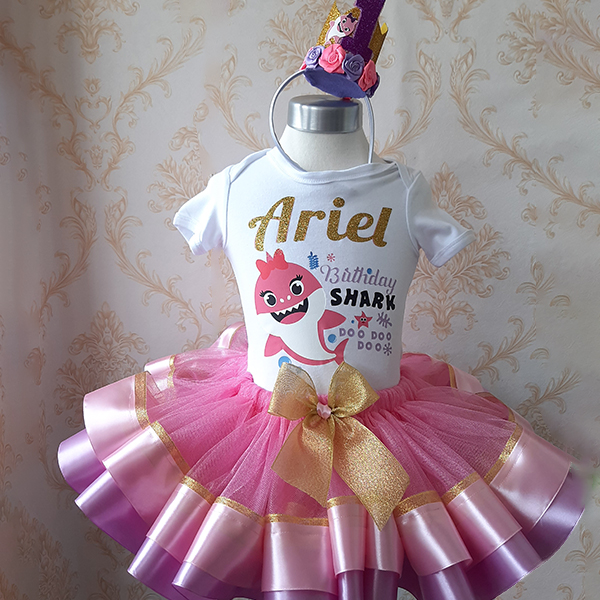 Baby shark with a touch of gold ribbon tutu with personalised